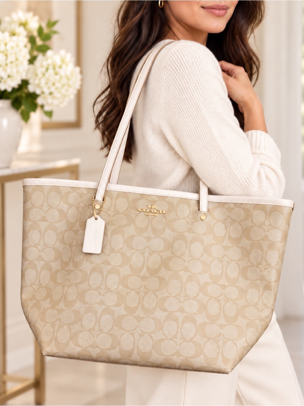 Coach Signature Canvas Large Tote Khaki Chalk Gold Shoulder Bag